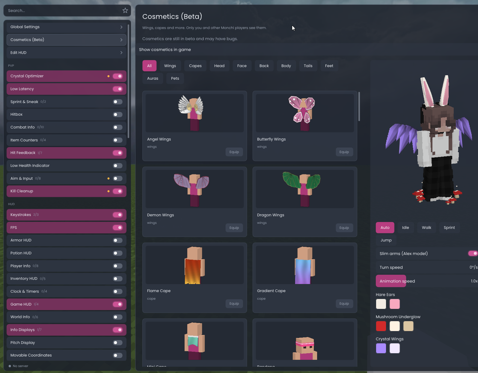 The Monchi menu with the cosmetics wardrobe open