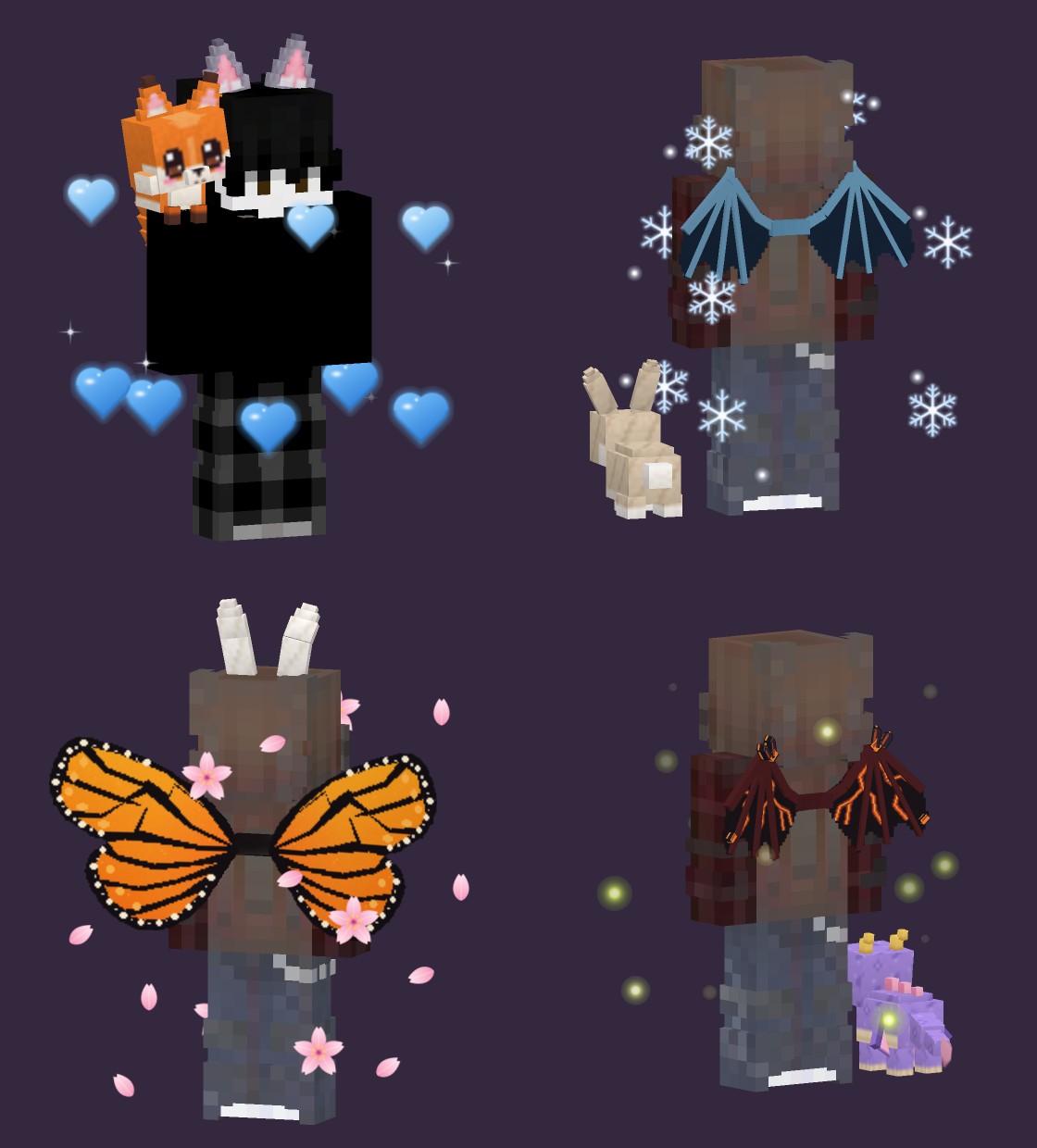 Four players wearing Monchi cosmetics: a fox on the shoulder with blue hearts, frost dragon wings with snowflakes and a bunny, monarch butterfly wings with sakura petals, and volcanic dragon wings with fireflies and a baby dragon
