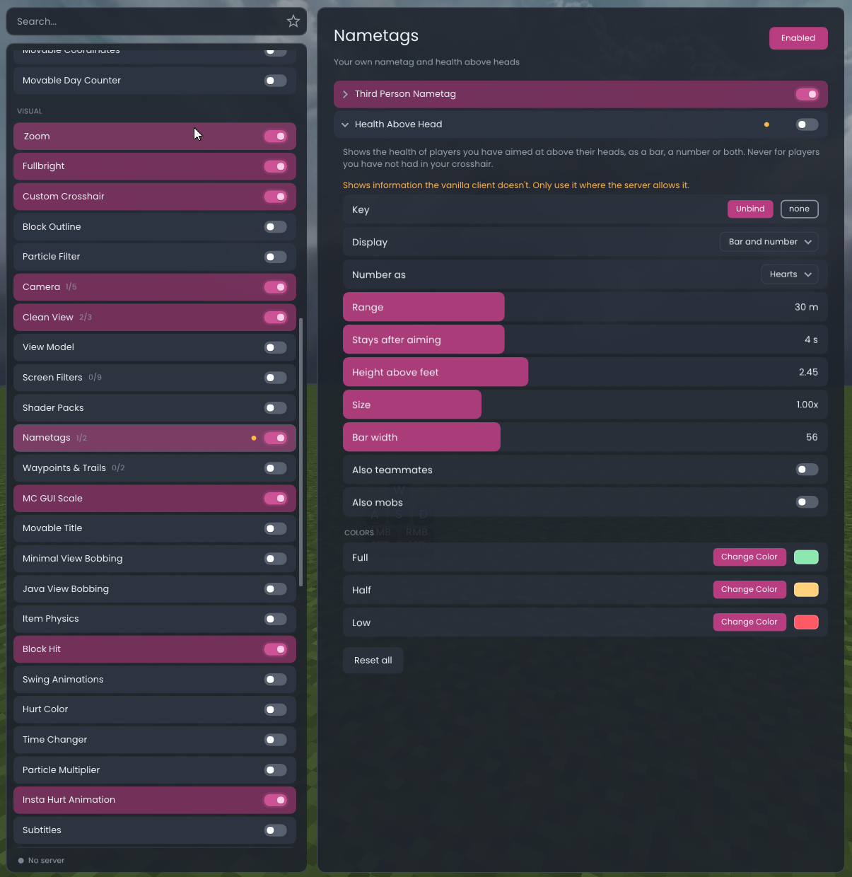 Module list and the settings of the nametag module