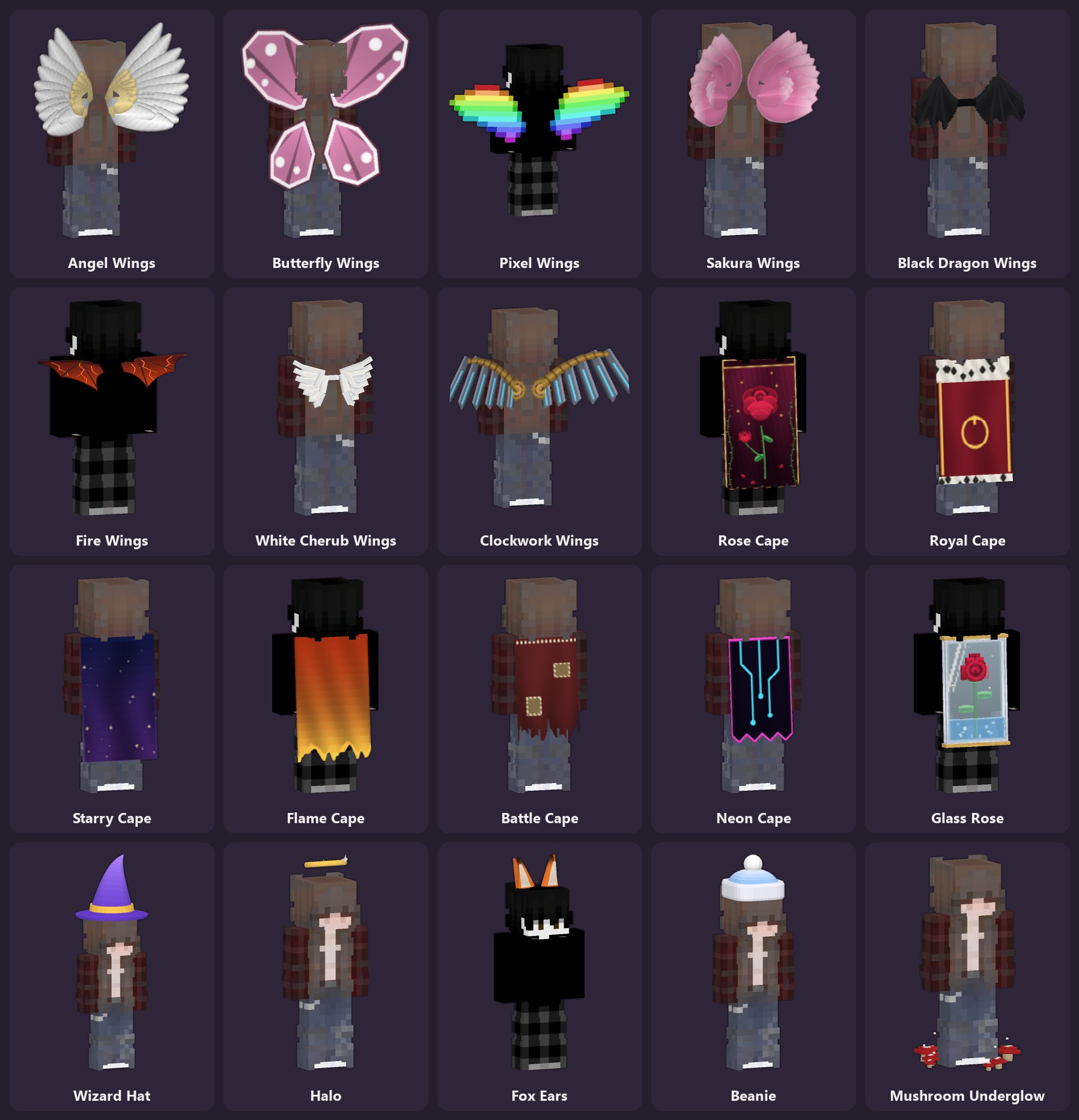 Twenty Monchi cosmetics side by side: angel, butterfly, pixel, sakura, dragon, fire, cherub and clockwork wings, rose, royal, starry, flame, battle and neon capes, a glass rose, a wizard hat, a halo, fox ears, a beanie and a mushroom underglow