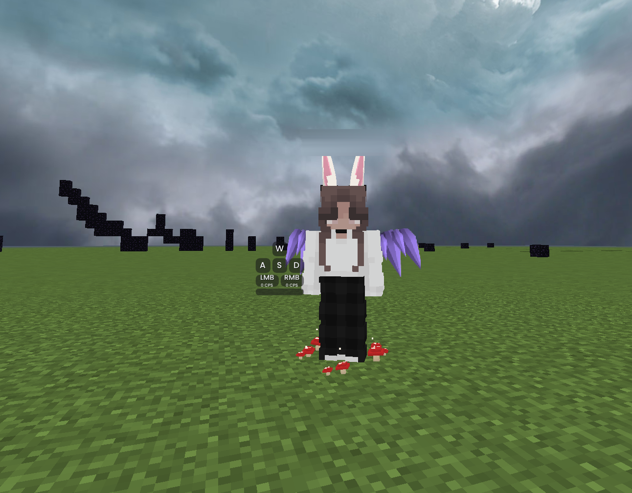 A player with bunny ears, purple wings and red mushrooms